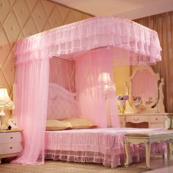 [리빙피스] 스위트룸 레일형 침대 모기장(150x200cm) (핑크)