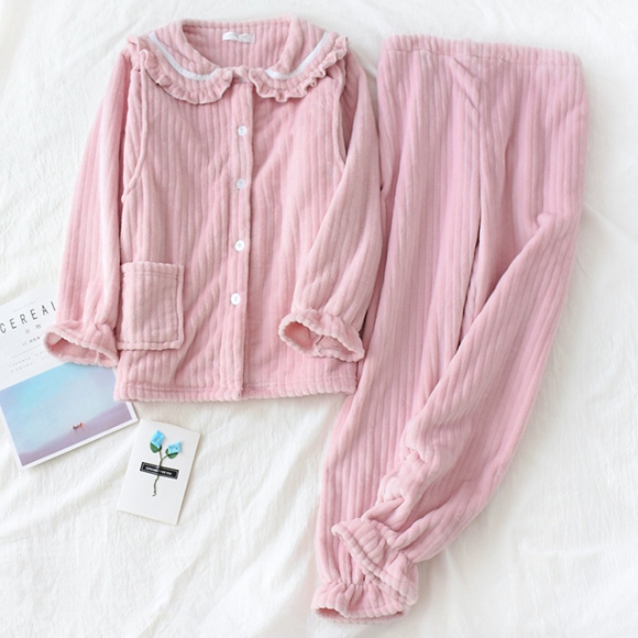 여성 프릴 수면 잠옷 세트 M(핑크)