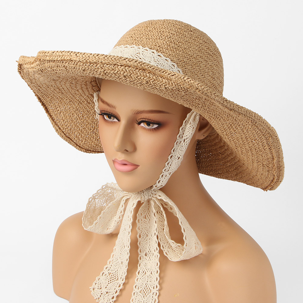 레이스 리본 넓은 챙 끈 모자 비치 햇 브라운 카우보이 버킷 여성 여름 지사 모자 여행 밀짚 밀집 소품
