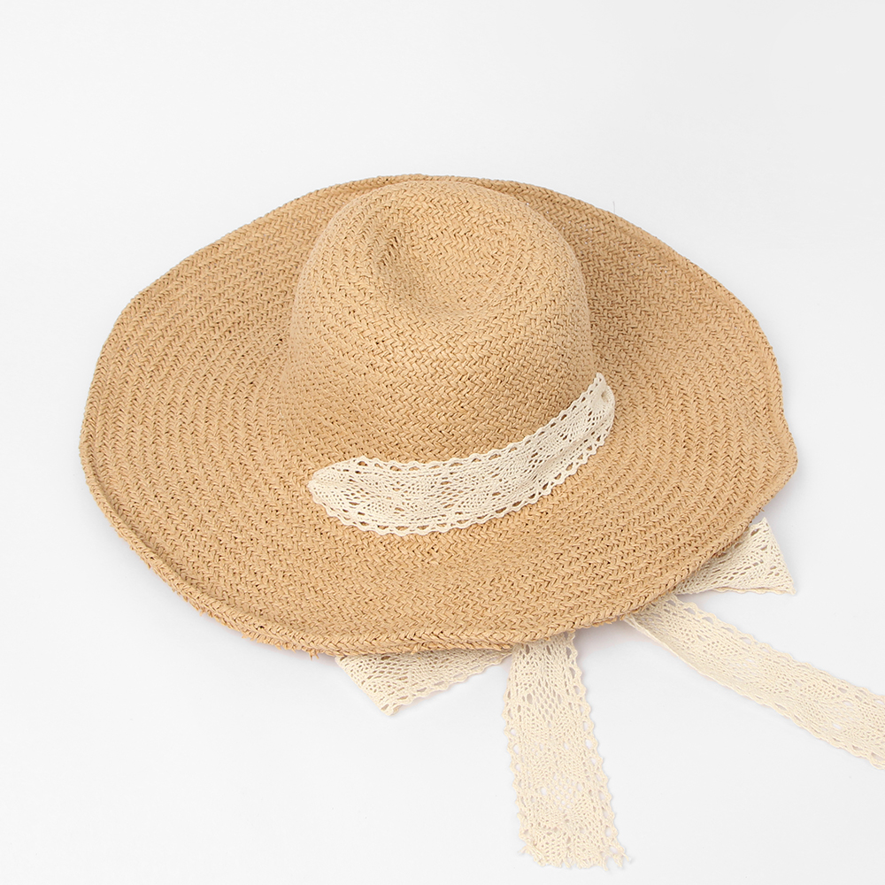 Oce 레이스 리본 넓은 챙 끈 모자 비치 햇 브라운 바다 패션 소품 해변 썸머 햇 왕골 써머 비니