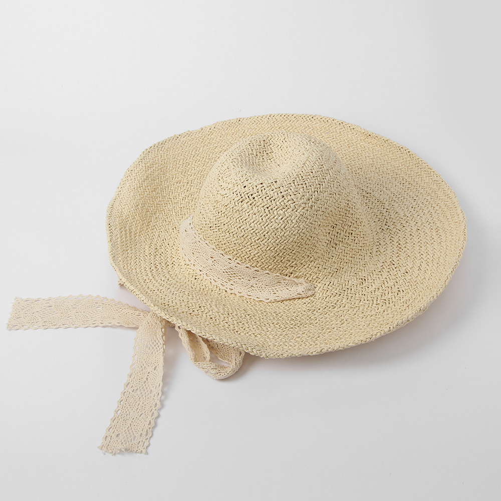 Oce 레이스 리본 넓은 챙 끈 모자 비치 햇 베이지 왕골 써머 비니 끈달린 모자 바다 패션 소품