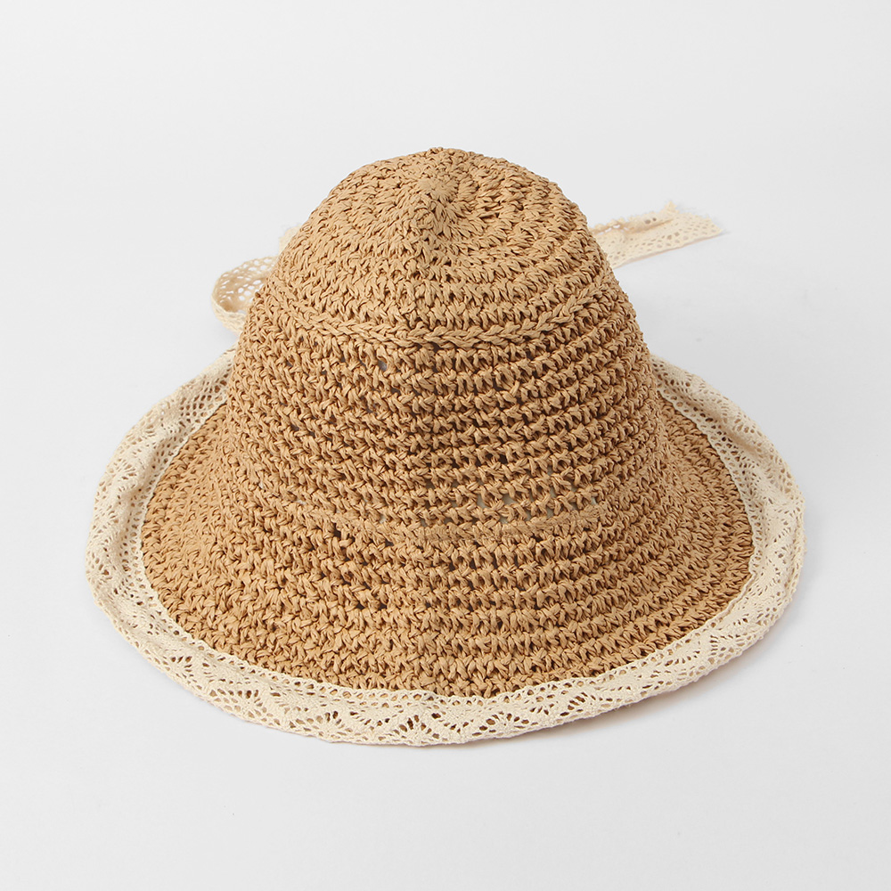 Oce 레이스 리본 벙거지 뜨개 끈 모자 비치 햇 브라운 바다 햇빛 가리개 끈달린 모자 여자 사파리 캡