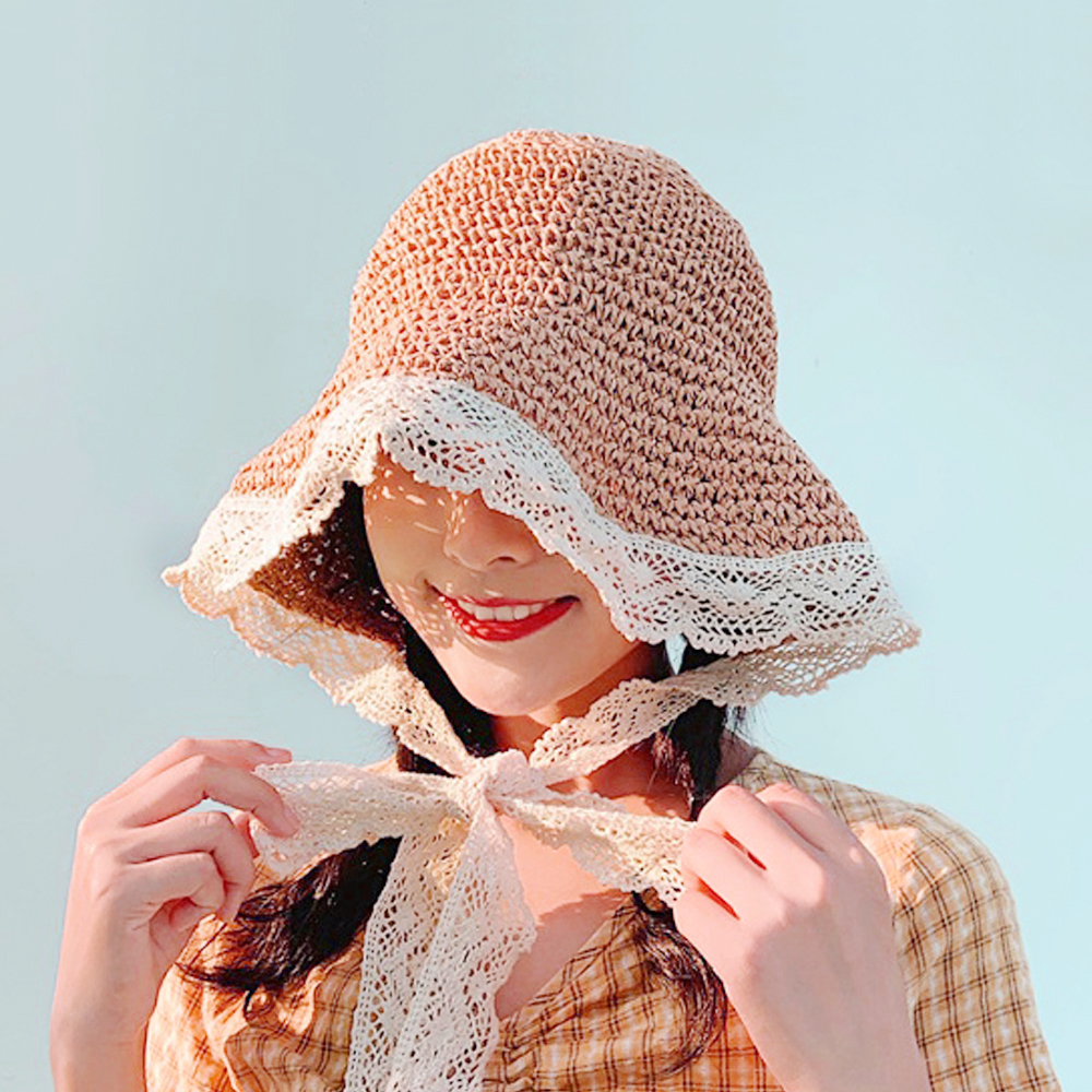 Oce 레이스 리본 벙거지 뜨개 끈 모자 비치 햇 핑크 바다 햇빛 가리개 끈달린 모자 여행 밀짚 밀집 소품