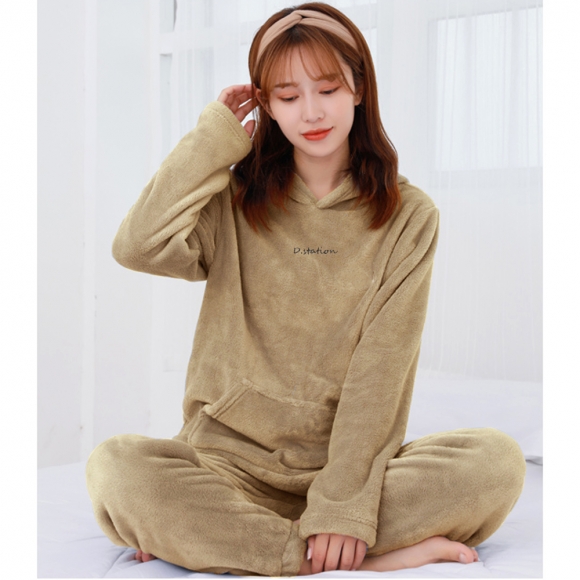소프트 극세사 수면잠옷 세트(후드) (브라운)