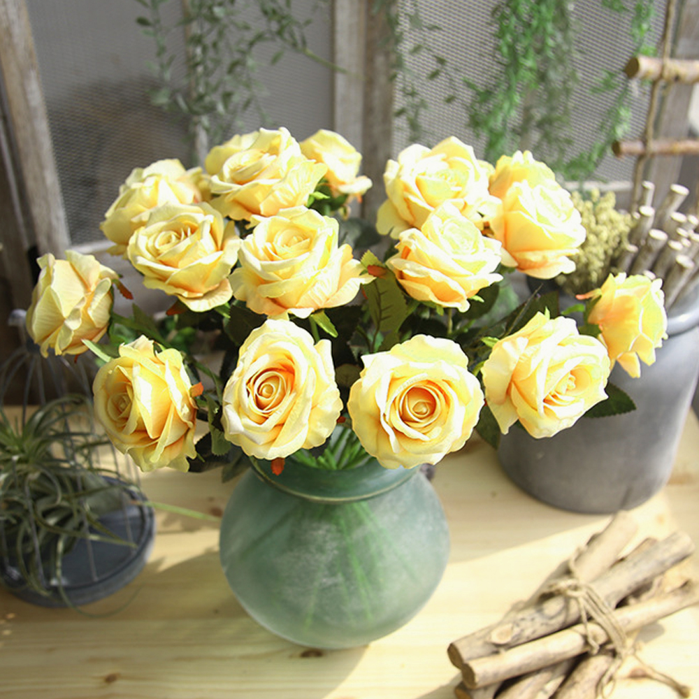 Oce 예쁜 조화꽃 한송이 벨벳 로즈 노랑 장미 신부부케꽂 옐로우플라워데코 식탁가짜꽃