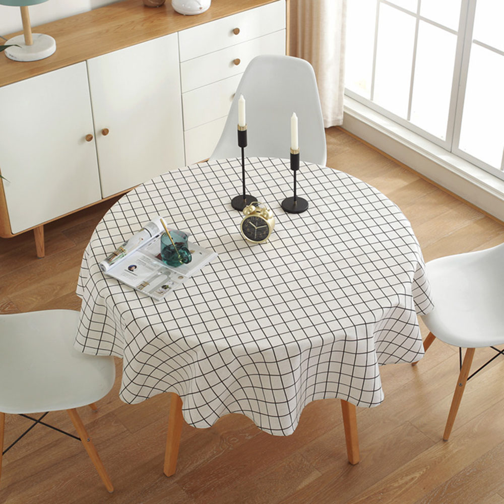 Oce 린넨 원탁 식탁보 원형 테이블보 100cm (화이트 체크) 카페식탁매트 라운드카바 파티키친크로스