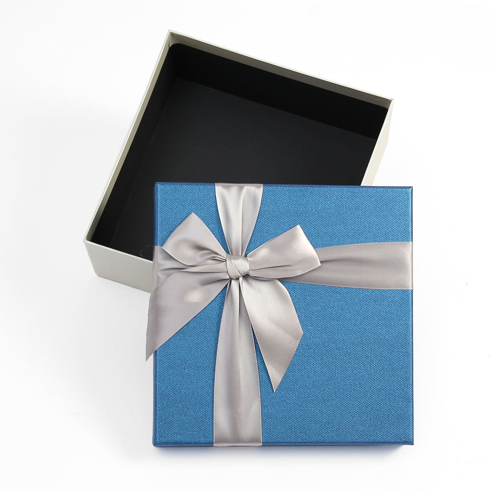 Oce 종이 선물 상자 공단 리본 박스 21x21cm 블루 옷  쇼핑백 사각 기프트백 패키지 포장지