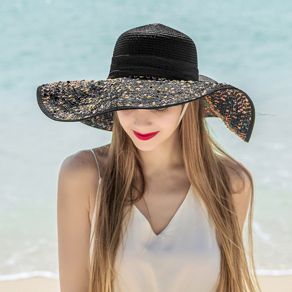 Oce 큰 리본 넓은 챙 끈 모자 비치 햇 블랙 카우보이 버킷 바다 햇빛 가리개 해변 썸머 햇