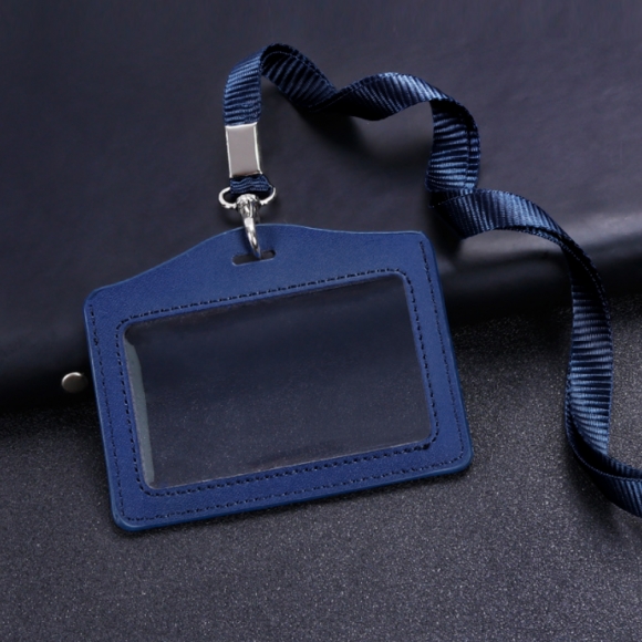가죽 양면 사원증 케이스+목걸이줄(가로형) (블루)