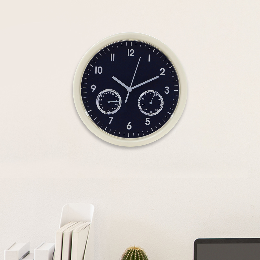 Oce 저소음 온도 습도 레트로 벽시계(네이비) 데코 원형 시계 디자인 벽걸이 워치 수험생 공부 시계