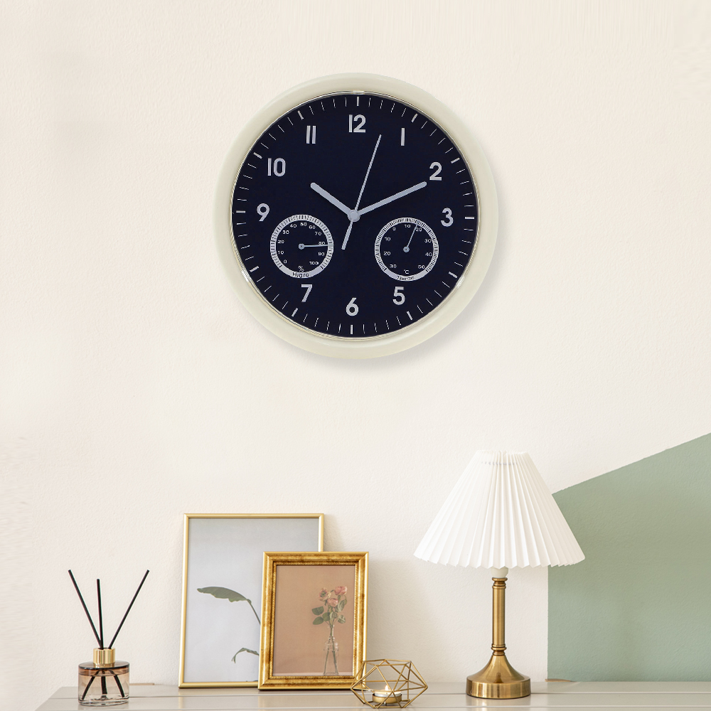 Oce 저소음 온도 습도 레트로 벽시계(네이비) 데코 원형 시계 디자인 벽걸이 워치 수험생 공부 시계