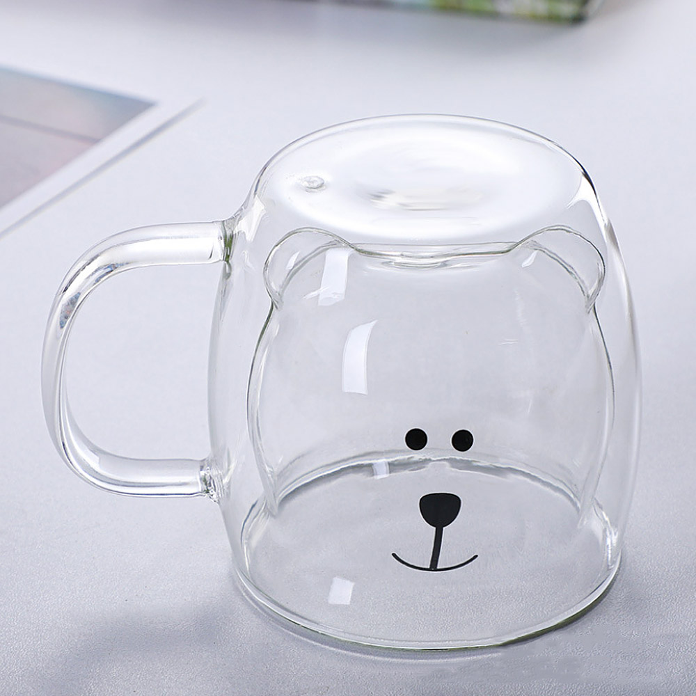 Oce 곰 모양 특이한 컵 내열 손잡이 유리 머그 250ml 주름 글래스  음료 용기  투명 무늬 글라스