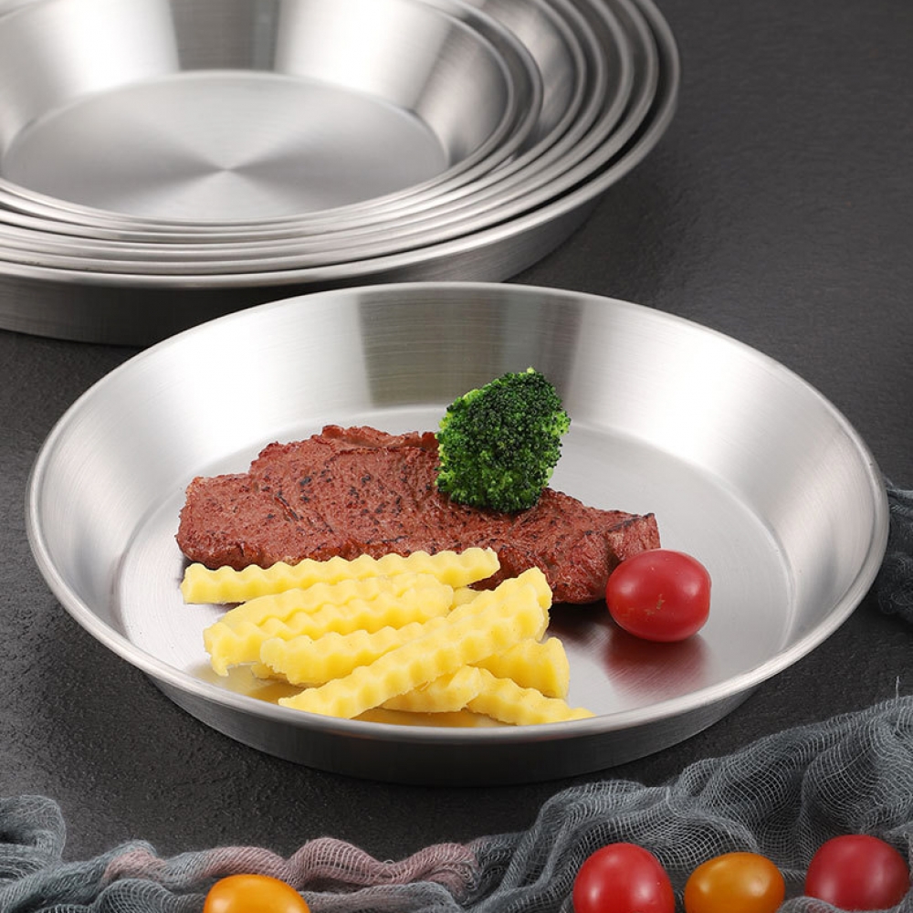 Oce 원형 스텐 용기 파스타 샐러드 접시 2p 26cm 실버 베이커리 트레이 한식 식기 깨지지않는 그릇