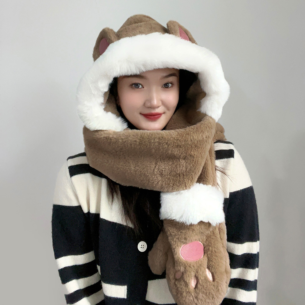밍크 인형 모자 목도리 브라운 윈터 햇 겨울 숄 넥 워머
