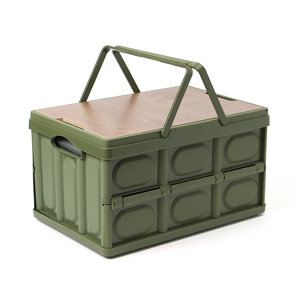 Oce 폴딩 사각 바구니on차박 식탁 30L 방수백 카키 우유 공간 박스 뚜껑 정리함 접이식 식탁