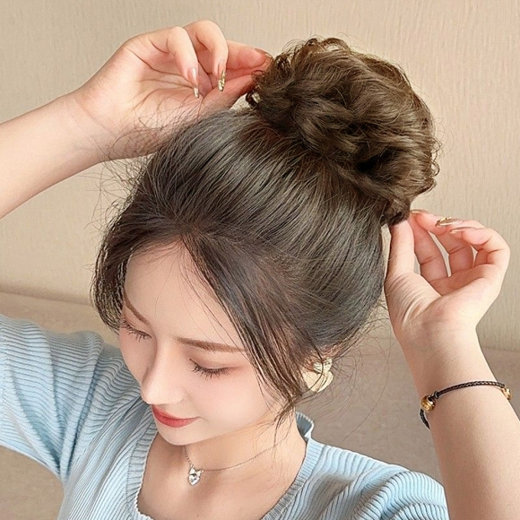 [언니네 가발] 인모 올림머리 곱창밴드 가발(파마머리) (라이트브라운)  