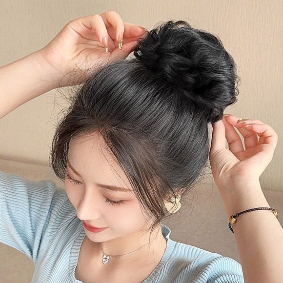 [언니네 가발] 인모 올림머리 곱창밴드 가발(파마머리) (블랙)   
