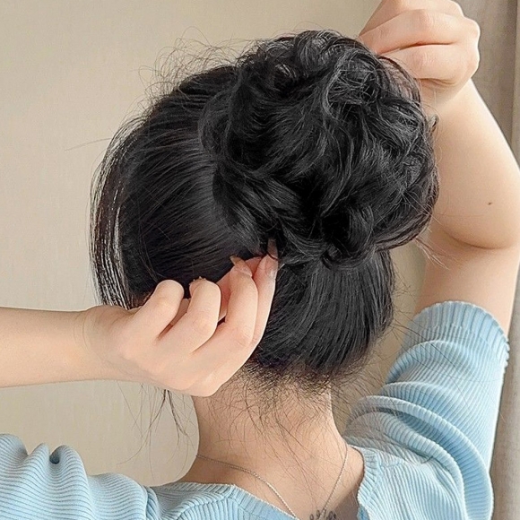 [언니네 가발] 인모 올림머리 곱창밴드 가발(파마머리) (블랙)   