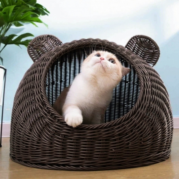 고양이 라탄패턴 숨숨집(38cm) (커피)