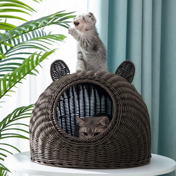 고양이 라탄패턴 숨숨집(38cm) (커피)