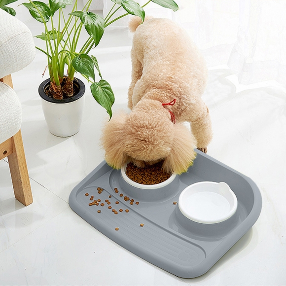 반려동물 흘림방지 2구 식기 트레이(그레이)