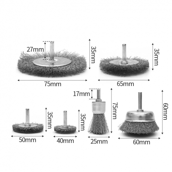 전동드릴용 와이어 브러쉬 6종세트(라운드 생크) (D타입)