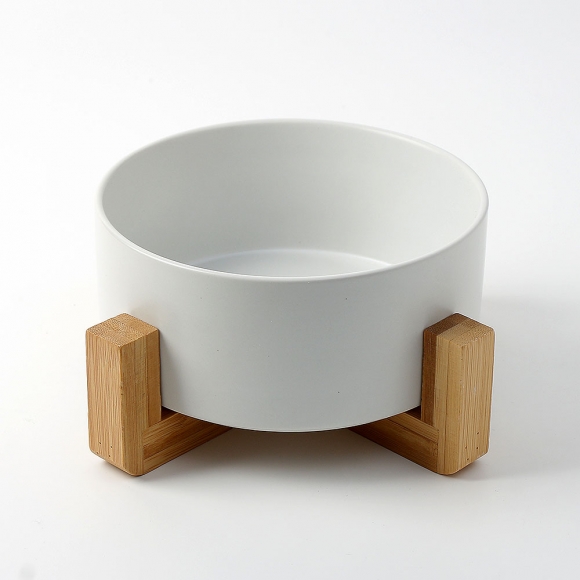 반려동물 우드받침 도자기식기(16cm) (화이트)