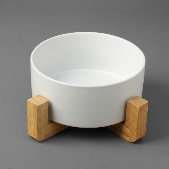 반려동물 우드받침 도자기식기(16cm) (화이트)