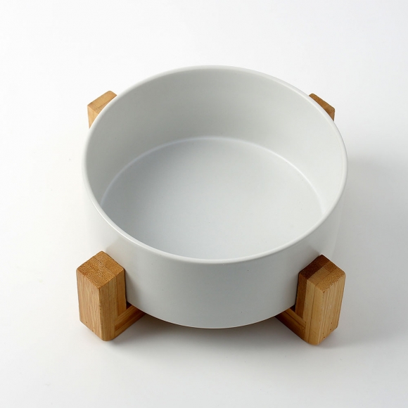 반려동물 우드받침 도자기식기(16cm) (화이트)