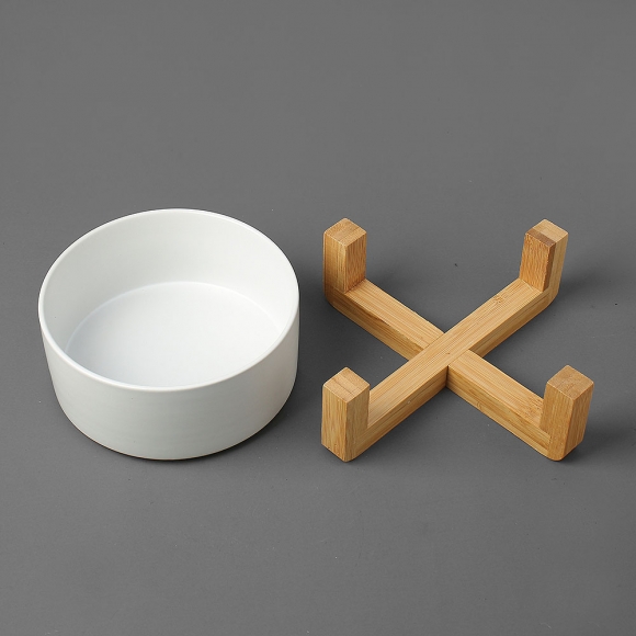 반려동물 우드받침 도자기식기(16cm) (화이트)