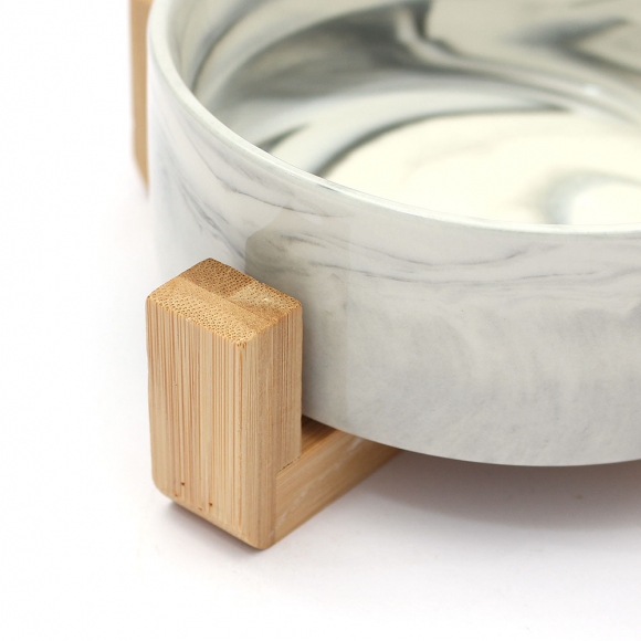 반려동물 우드받침 도자기식기(13cm) (마블그레이)