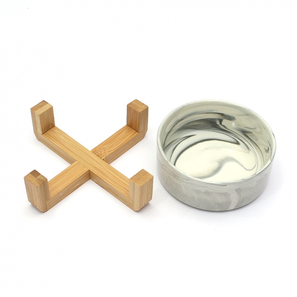 반려동물 우드받침 도자기식기(13cm) (마블그레이)