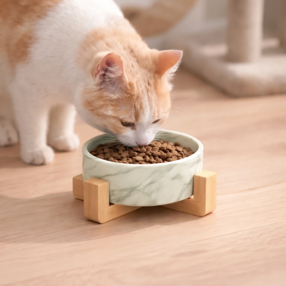 반려동물 우드받침 도자기식기(13cm) (마블그레이)