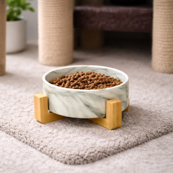 반려동물 우드받침 도자기식기(13cm) (마블그레이)