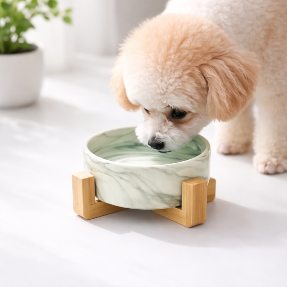 반려동물 우드받침 도자기식기(13cm) (마블그레이)