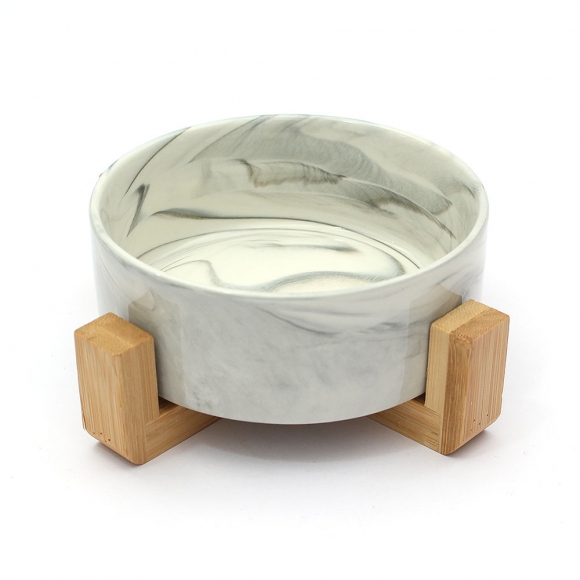 반려동물 우드받침 도자기식기(13cm) (마블그레이)
