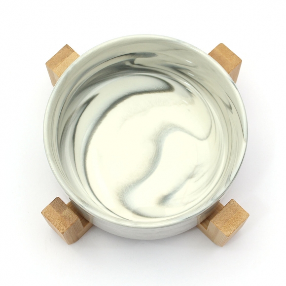 반려동물 우드받침 도자기식기(13cm) (마블그레이)