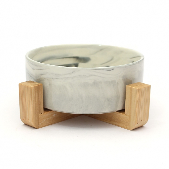 반려동물 우드받침 도자기식기(13cm) (마블그레이)