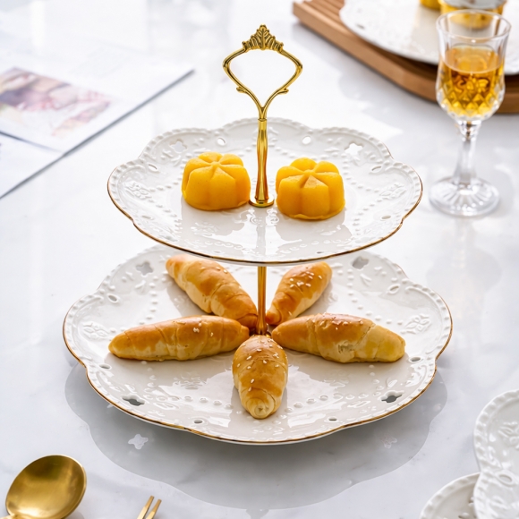 [쿠킹홈] 플레르 2단 도자기 디저트 트레이(골드) (마케팅전용)