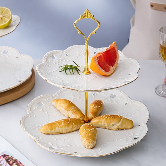[쿠킹홈] 플레르 2단 도자기 디저트 트레이(골드) (마케팅전용)