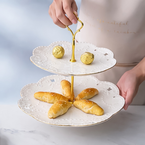 [쿠킹홈] 플레르 2단 도자기 디저트 트레이(골드) (마케팅전용)
