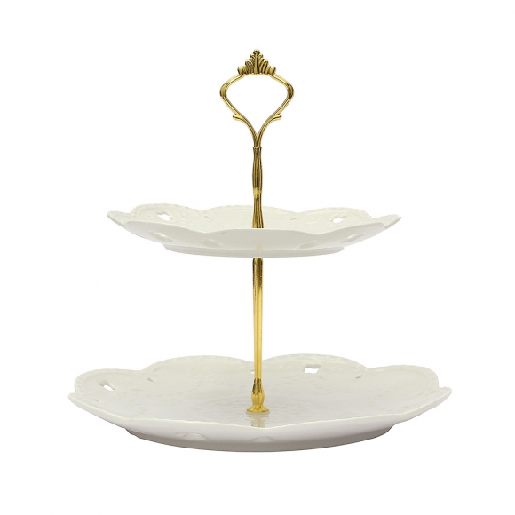 [쿠킹홈] 플레르 2단 도자기 디저트 트레이(골드) (마케팅전용)