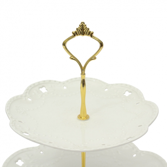 [쿠킹홈] 플레르 2단 도자기 디저트 트레이(골드) (마케팅전용)