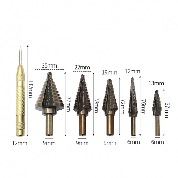 스텝드릴 비트 5종+센터 펀치 세트