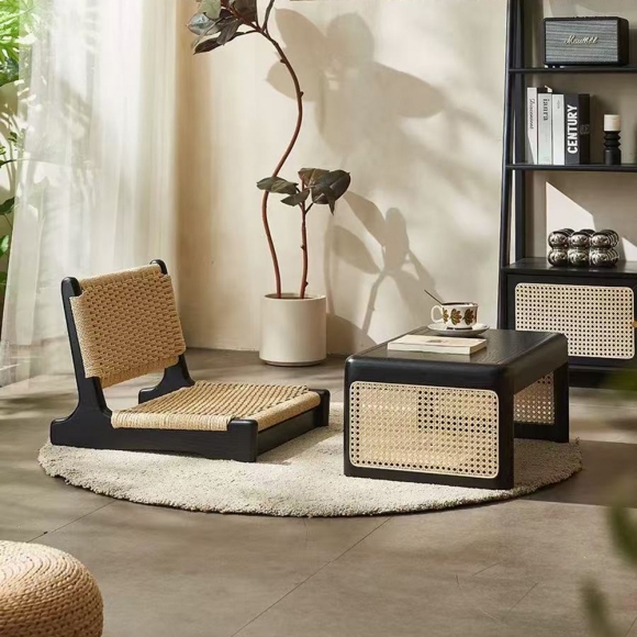 라탄 좌식 1인용 티 테이블 등받이 방석 세트D-1(60cm)(색상)