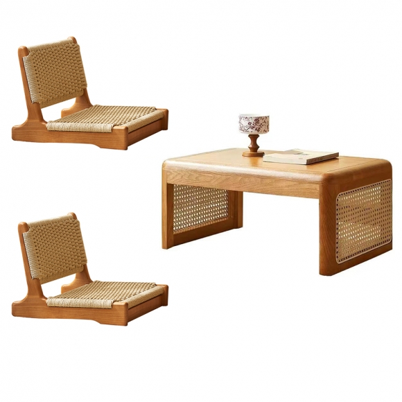 라탄 좌식 2인용 티 테이블 등받이 방석 세트D-2(60cm)（색상）