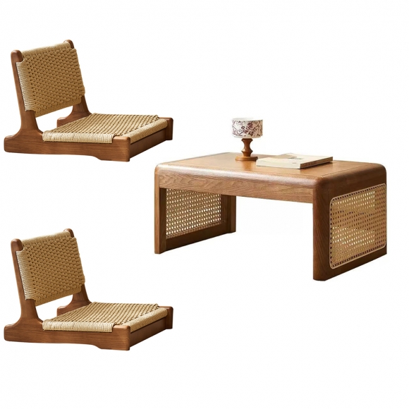 라탄 좌식 2인용 티 테이블 등받이 방석 세트D-2(60cm)（색상）