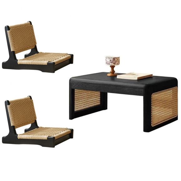 라탄 좌식 2인용 티 테이블 등받이 방석 세트D-2(60cm)（색상）