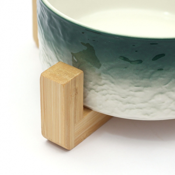 반려동물 우드받침 도자기식기(16cm) (그린그라데이션)