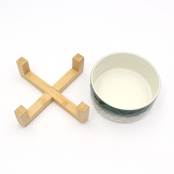반려동물 우드받침 도자기식기(16cm) (그린그라데이션)